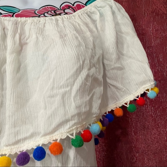 Forever 21 Off Shoulder White Blouse Rainbow Pom - Picture 2 of 5